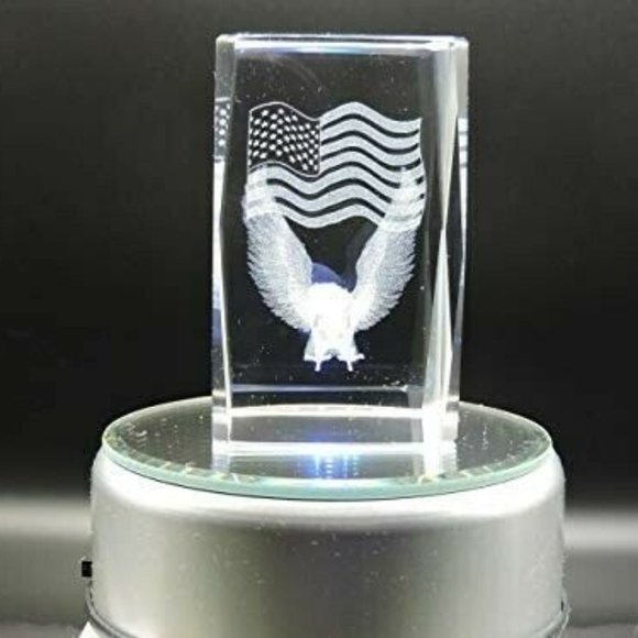 Other - 3D Glass Laser Cube Eagle and American Flag